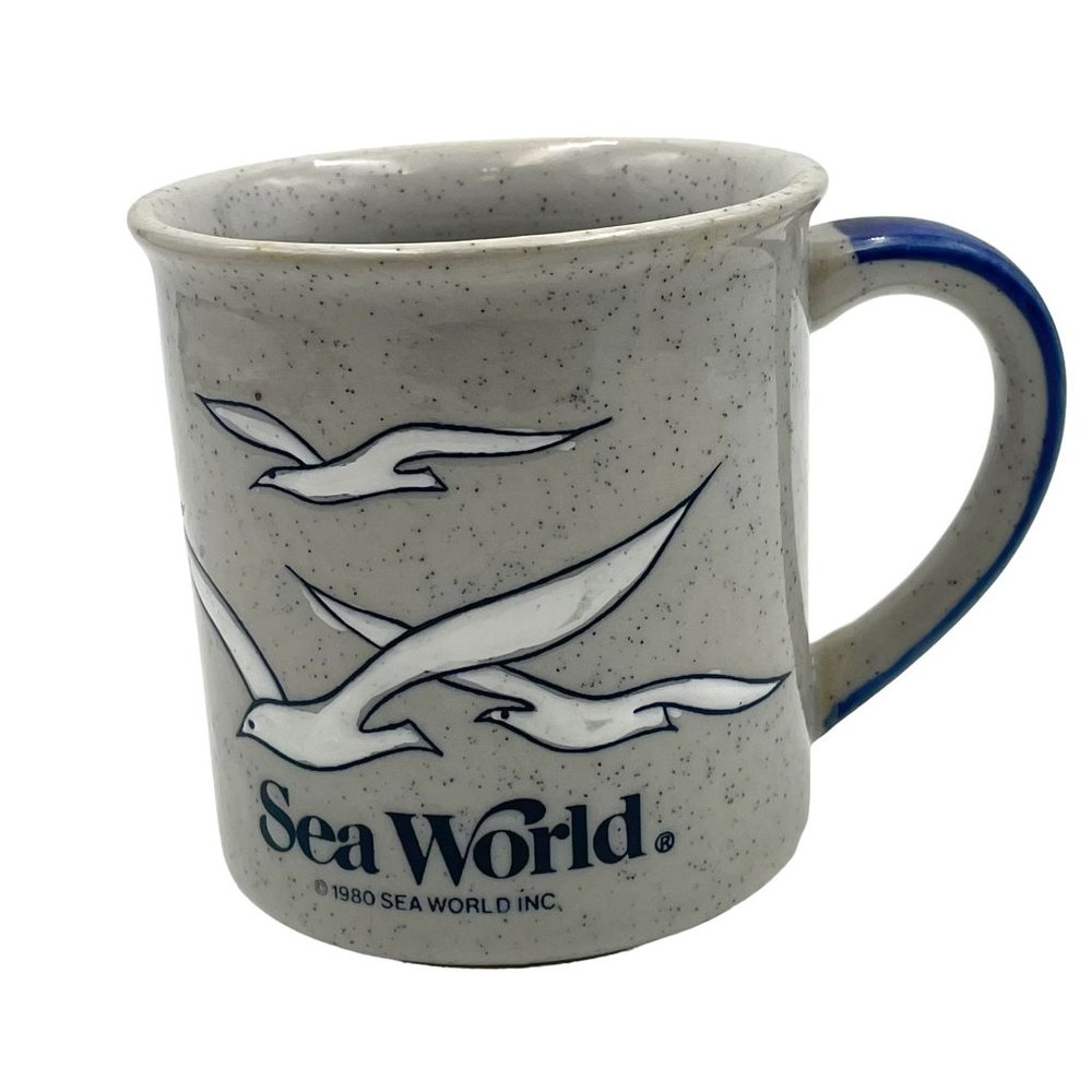 Vintage Sea World Embossed Speckled Seagulls Coffee Mug Cup 1980 Albatross